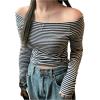 imageMakeMeChic Womens Casual Off Shoulder Tee Shirt Striped Print Long Sleeve Crop TopsBlack and White
