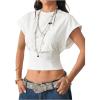 imageMakeMeChic Womens Crop Top Cap Sleeve T Shirts Crew Neck Fitted Summer Y2k TeeWhite