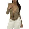imageMakeMeChic Womens Deep V Neck Draped Front T Shirt Metal Ring Long Sleeve Going Out TopsKhaki