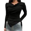 imageMakeMeChic Womens Draped Cowl Neck Drawstring Ruched Tee Asymmetrical Hem Long Sleeve Slim Fitted T Shirt TopBlack