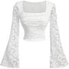 imageMakeMeChic Womens Floral Lace Bell Sleeve T Shirt Square Neck Fitted Crop TopsWhite