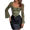 imageMakeMeChic Womens Floral Mesh Bell Sleeve Square Neck Ruched Fitted Tee Shirt TopsGreen