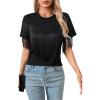 imageMakeMeChic Womens Fringe Tops Short Sleeve Tassel Trim Dressy Casual Summer Trendy Tops Tee Shirt Black Large