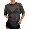 imageMakeMeChic Womens Glitter Sequin Mesh Tops Crew Neck Short Sleeve Sheer Summer Tee Shirt Y2k Party TopBlack