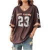 imageMakeMeChic Womens Jersey Shirt V Neck Y2K Jersey Top Oversized Short Sleeve Letter Graphic ShirtsCoffee Brown