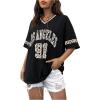 imageMakeMeChic Womens Letter Graphic V Neck Short Sleeve Drop Shoulder Tee Jersey TopBlack and Brown