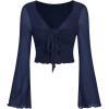 imageMakeMeChic Womens Mesh Bell Sleeve Tie Front Tee Shirt V Neck Lettuce Trim Crop TopsBlue