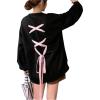 imageMakeMeChic Womens Oversized Sweatshirt Lace Up Crew Neck Long Sleeve Thermal Pullover TopBlack