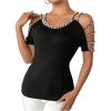 imageMakeMeChic Womens Pearls Cold Shoulder Tee Top Crew Neck Cut Out Fitted T Shirt TopsBlack