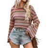 imageMakeMeChic Womens Striped Bell Sleeve Tops Crew Neck Shirts Fall Cowboy Chic Concert OutfitsMulticolor