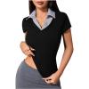 imageMakeMeChic Womens Striped Colorblock Polo Collar TShirts V Neck Ribbed Short Sleeve School ShirtBlack