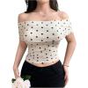 imageMakeMeChic Womens Summer Crop Tops Polka Dots Off The Shoulder Tee Shirt Short Sleeve Ruched ShirtsApricot