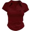 imageMakeMeChic Womens Summer Tops Bow Embroidery V Neck T Shirt Ruched Collared Short Sleeve TopBurgundy
