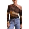 imageMakeMeChic Womens Tie Dye Asymmetrical Neck Long Sleeve Ruched Tee Shirt Crop TopsBrown