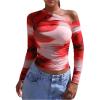 imageMakeMeChic Womens Tie Dye Asymmetrical Neck Long Sleeve Ruched Tee Shirt Crop TopsRed
