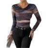 imageMakeMeChic Womens Tie Dye Draped Cowl Neck Tee Shirts Long Sleeve Ruched Slim Fit Tee TopsBrown