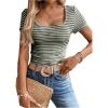 imageMakeMeChic Womens Work Stripe Knit Crop Top Square Neck Tops Short Sleeve TShirtGreen
