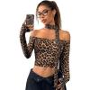 imageMakeMeChic Womens Y2K Off The Shoulder Tops Leopard Print Long Sleeve Tee Shirt Crop TopsBrown