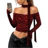 imageMakeMeChic Womens Y2K Off The Shoulder Tops Leopard Print Long Sleeve Tee Shirt Crop TopsRed