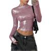 imageMakeMeChic Womens Y2K Tops Country Concert Metallic Tee Shirts Long Sleeve Party Going Out Crop TopsPink