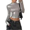 imageMakeMeChic Womens Y2K Tops Country Concert Metallic Tee Shirts Long Sleeve Party Going Out Crop TopsSilver