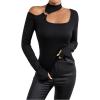 imageMakeMeChic Womens Y2K Tops Cut Out Asymmetrical Neck Tee Shirts Long Sleeve Ring Linked Shirt TopsBlack