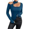 imageMakeMeChic Womens Y2K Tops Cut Out Asymmetrical Neck Tee Shirts Long Sleeve Ring Linked Shirt TopsTeal Blue