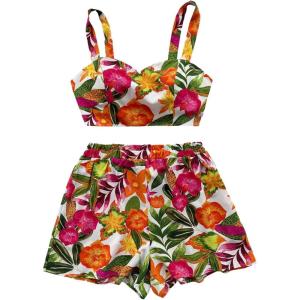 imageMakeMeChic Womens 2 Piece Sets Tropical Print Floral Backless Tank Crop Top and Shorts Sets Summer Boho OutfitsMulticolor