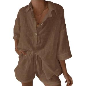 imageMakeMeChic Womens 2 Piece Summer Outfits Linen Half Sleeve Collared Shirt and Wide Leg Shorts Beach SetsChocolate Brown