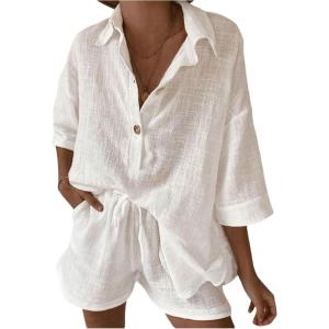 imageMakeMeChic Womens 2 Piece Summer Outfits Linen Half Sleeve Collared Shirt and Wide Leg Shorts Beach SetsWhite