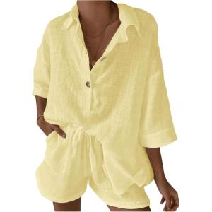 imageMakeMeChic Womens 2 Piece Summer Outfits Linen Half Sleeve Collared Shirt and Wide Leg Shorts Beach SetsYellow
