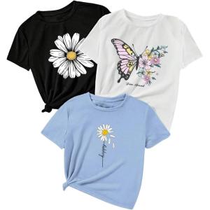 imageMakeMeChic Womens 3 Pack Graphic Print Crop Tops Crew Neck Short Sleeve Tee Shirt Cute T ShirtsBlack White Blue