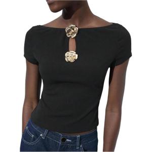 imageMakeMeChic Womens 3D Flower Boat Neck Tee Tops Cut Out Short Sleeve T ShirtBlack