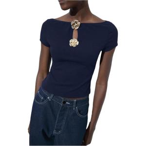 imageMakeMeChic Womens 3D Flower Boat Neck Tee Tops Cut Out Short Sleeve T ShirtBlue