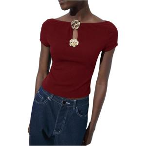 imageMakeMeChic Womens 3D Flower Boat Neck Tee Tops Cut Out Short Sleeve T ShirtBurgundy