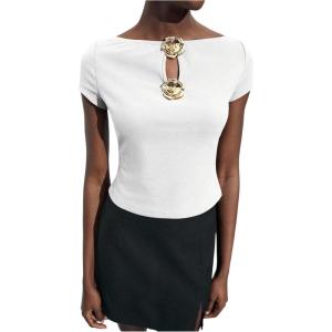 imageMakeMeChic Womens 3D Flower Boat Neck Tee Tops Cut Out Short Sleeve T ShirtWhite