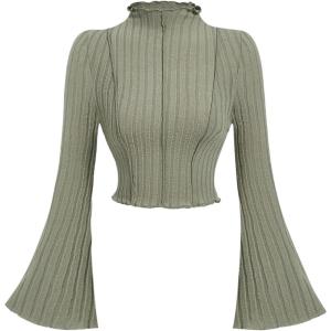 imageMakeMeChic Womens Bell Sleeve Crop Top Mock Neck Knit Lettuce Trim Rib Tee Shirt TopsArmy Green