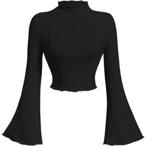 imageMakeMeChic Womens Bell Sleeve Crop Top Mock Neck Knit Lettuce Trim Rib Tee Shirt TopsBlack