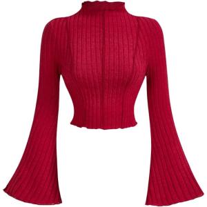 imageMakeMeChic Womens Bell Sleeve Crop Top Mock Neck Knit Lettuce Trim Rib Tee Shirt TopsBurgundy