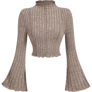 imageMakeMeChic Womens Bell Sleeve Crop Top Mock Neck Knit Lettuce Trim Rib Tee Shirt TopsCoffee Brown