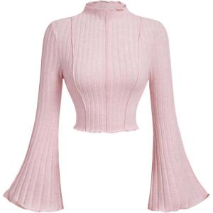 imageMakeMeChic Womens Bell Sleeve Crop Top Mock Neck Knit Lettuce Trim Rib Tee Shirt TopsLight Pink