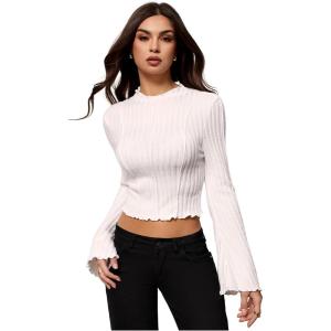 imageMakeMeChic Womens Bell Sleeve Crop Top Mock Neck Knit Lettuce Trim Rib Tee Shirt TopsWhite