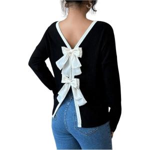 imageMakeMeChic Womens Bow Knot Long Sleeve Tee Shirt Contrast Binding Crew Neck TopBlack