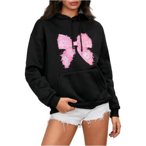 imageMakeMeChic Womens Bow Printed Hooded Sweatshirt Long Sleeve Fall Pullover Hoodie with PocketBlack