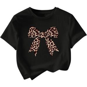 imageMakeMeChic Womens Bow Tie Leopard Round Neck Short Sleeve T Shirt Cheetah Y2K Tee Top Leopard Black Large