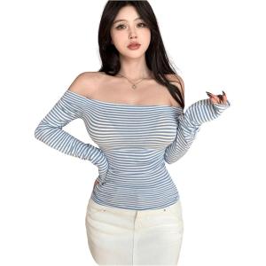 imageMakeMeChic Womens Casual Off Shoulder Tee Shirt Striped Print Long Sleeve Crop TopsBlue