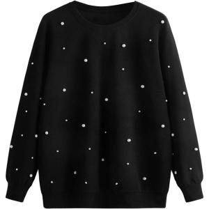 imageMakeMeChic Womens Casual Round Neck Pearl Sweatshirt Long Sleeve Drop Shoulder Pullover TopsBlack
