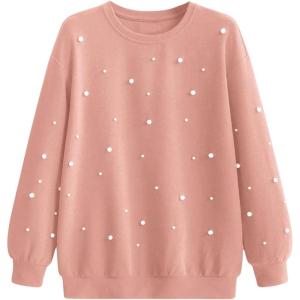 imageMakeMeChic Womens Casual Round Neck Pearl Sweatshirt Long Sleeve Drop Shoulder Pullover TopsDusty Pink