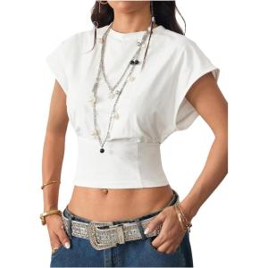 imageMakeMeChic Womens Crop Top Cap Sleeve T Shirts Crew Neck Fitted Summer Y2k TeeWhite