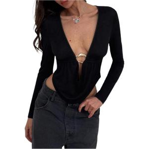 imageMakeMeChic Womens Deep V Neck Draped Front T Shirt Metal Ring Long Sleeve Going Out TopsBlack
